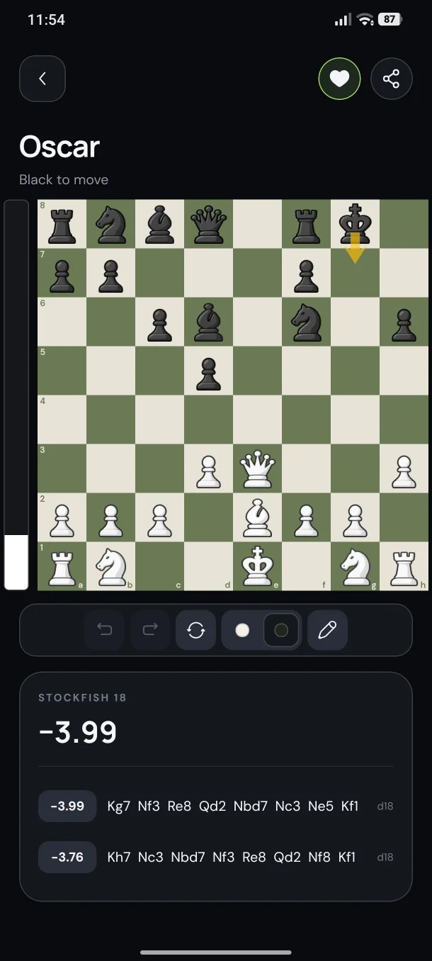 Chesspresso analysis screen showing Oscar, a chessboard, and Stockfish 18 lines