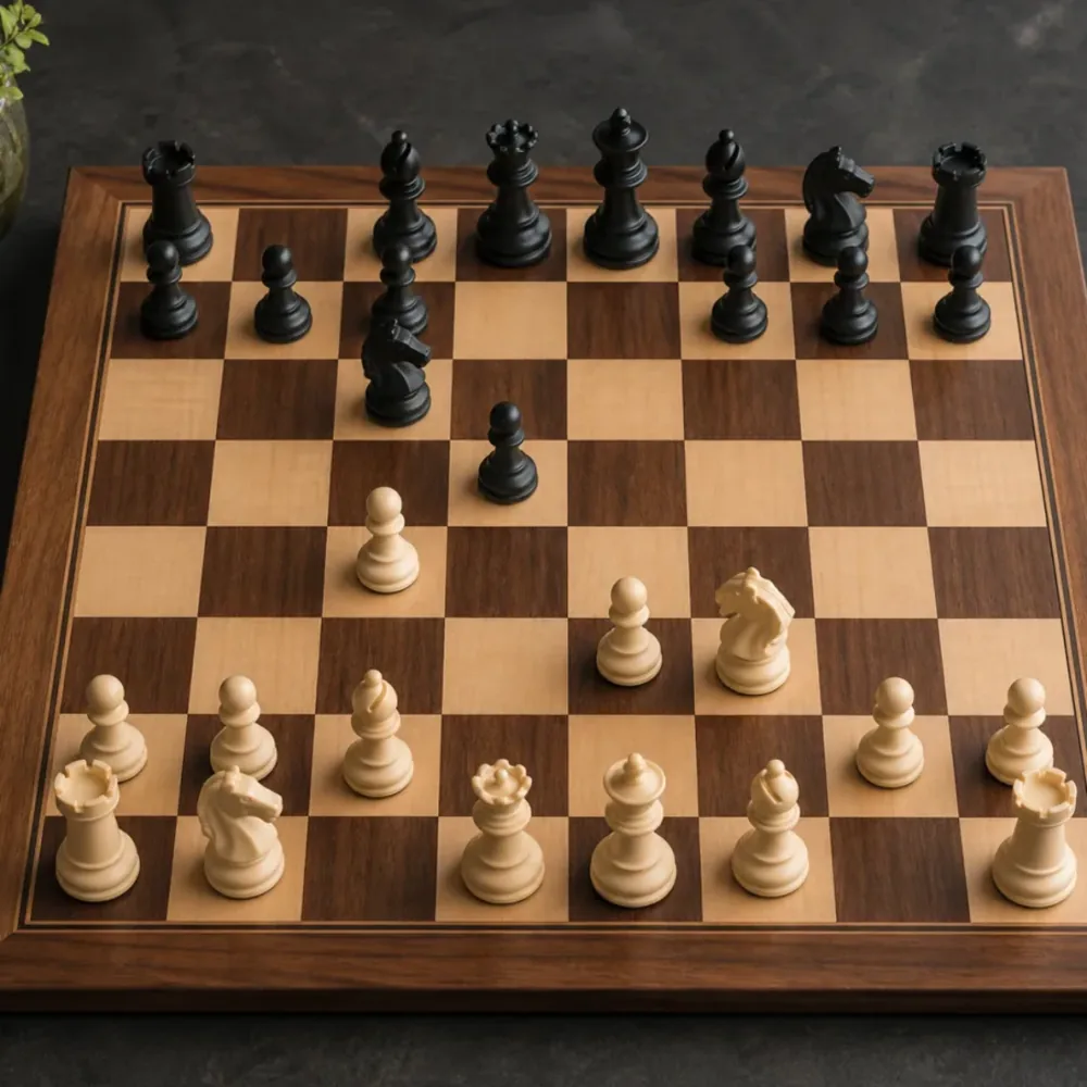 A real wooden chessboard with pieces ready for Chesspresso to scan